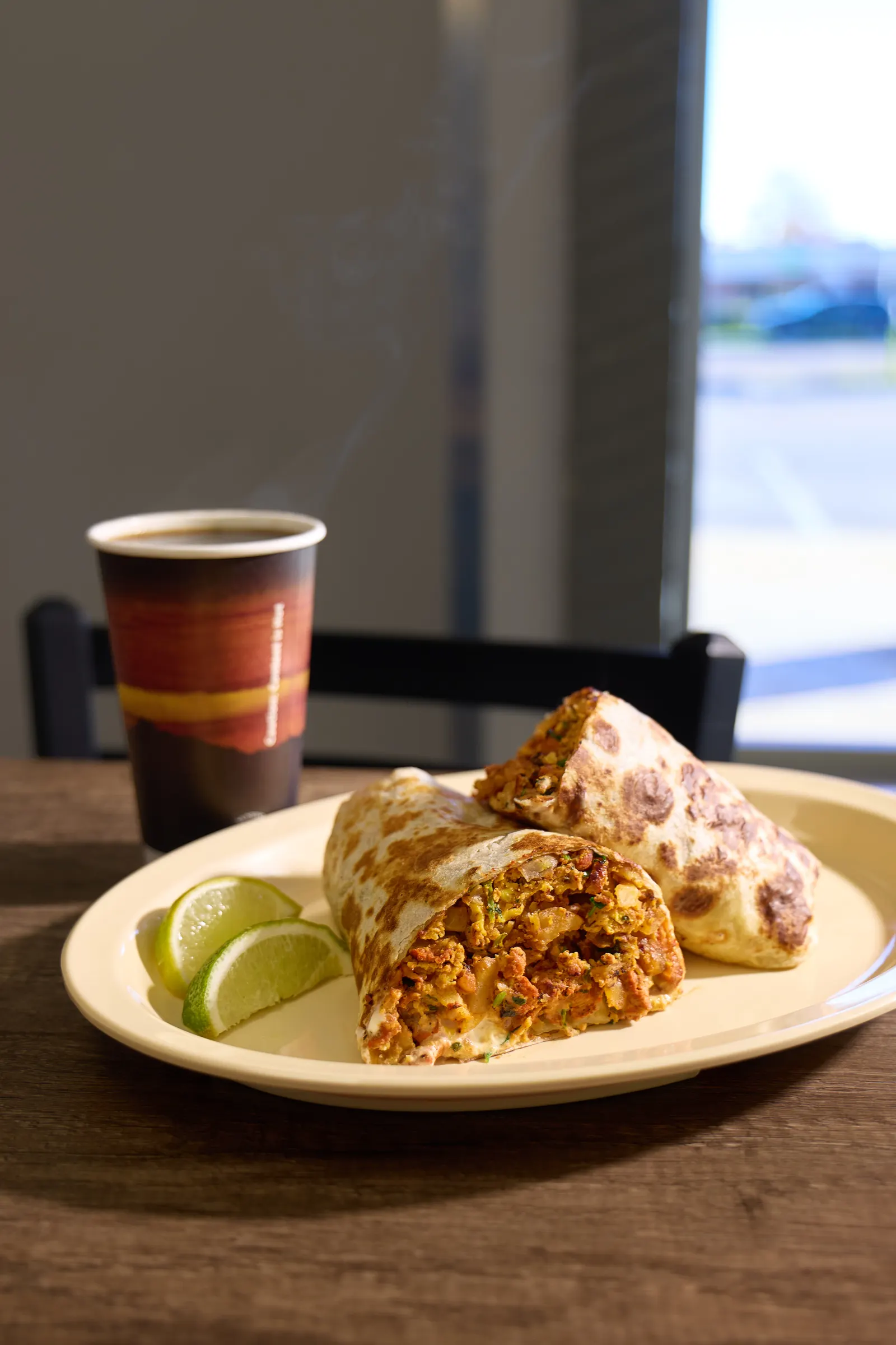 Breakfast burrito and fresh coffee at Mr. Birria in Santee
