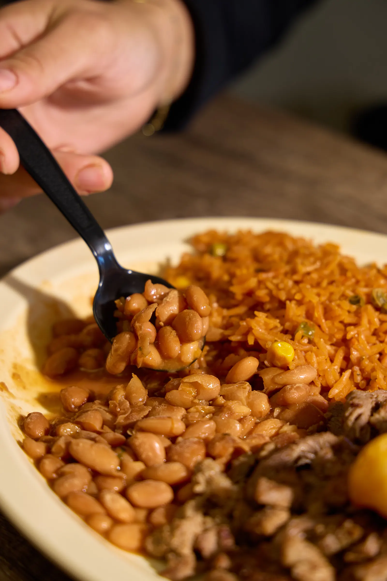 Carne asada plate with rice and beans at Mr. Birria
