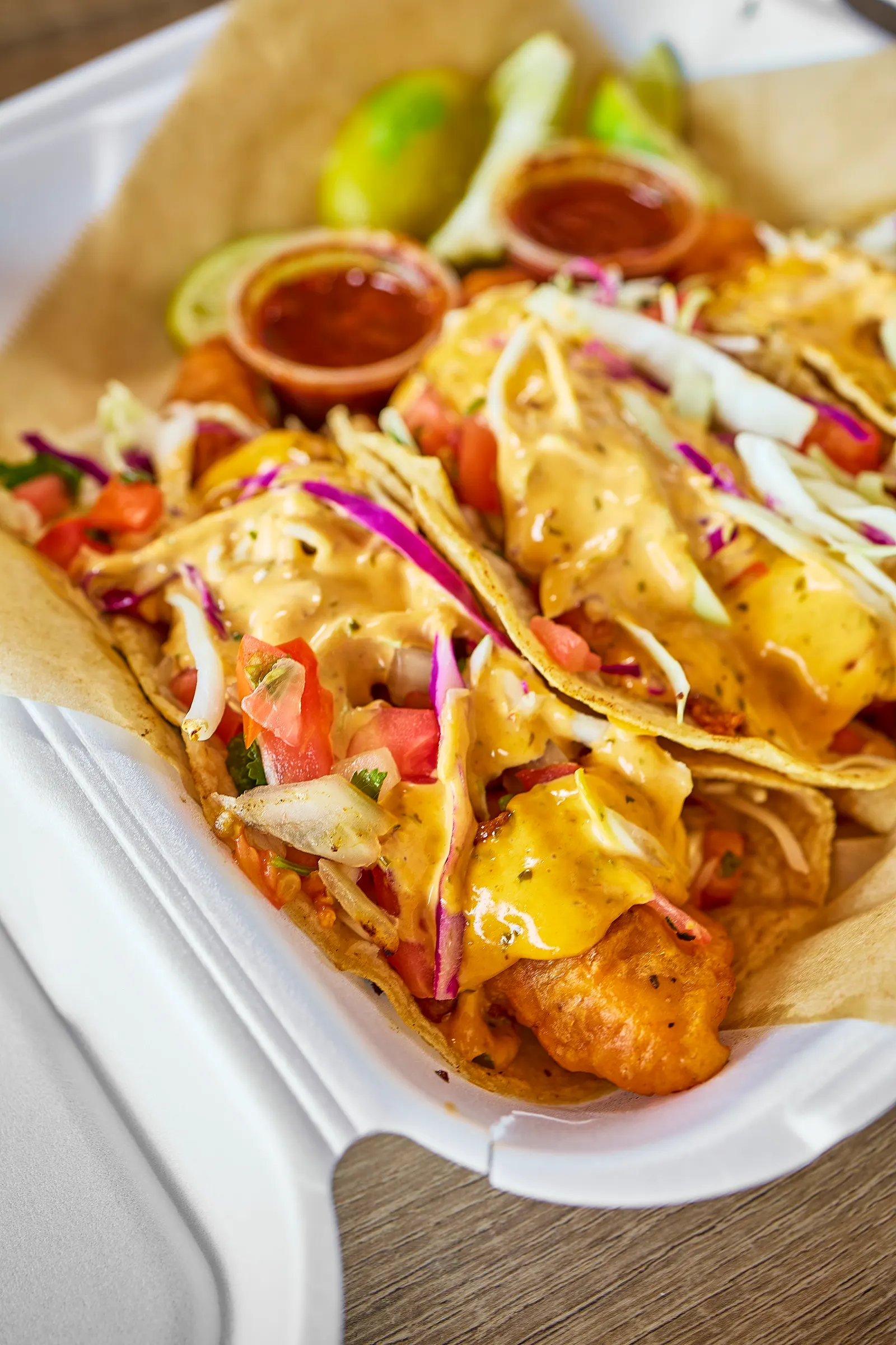 Beer battered fish tacos plate at Mr. Birria
