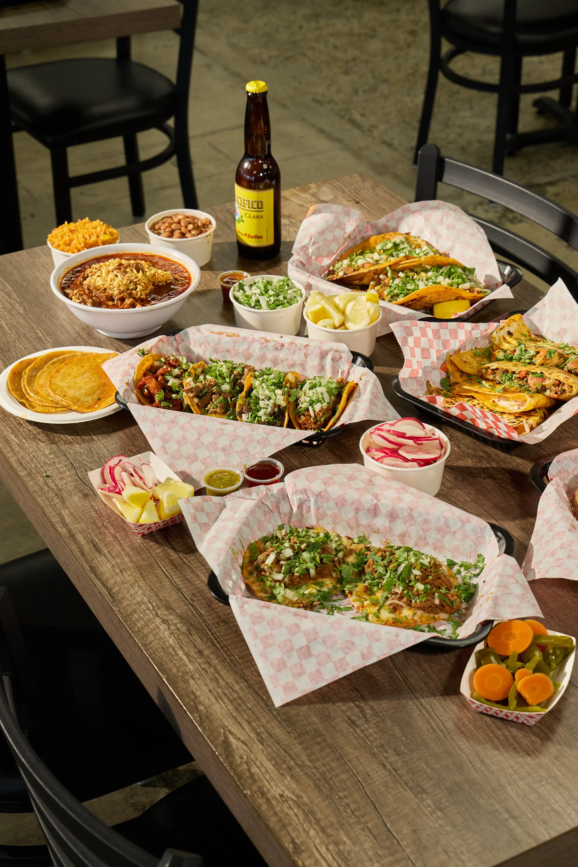 Full table spread of Mexican food at Mr. Birria in Santee
